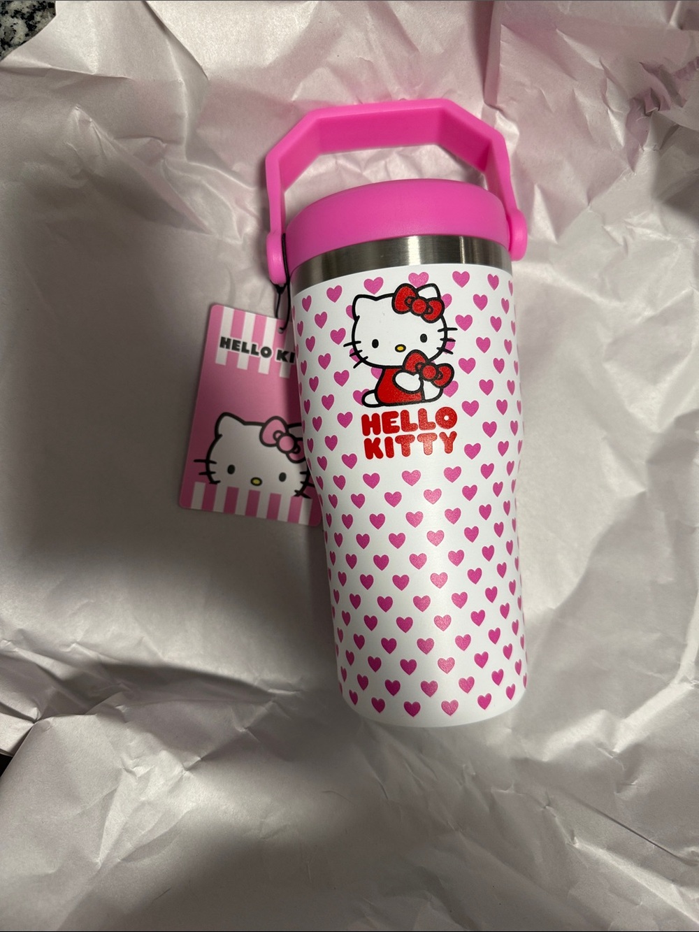 Hello Kitty Pink and White Heart Stainless Kids Bottle with Handle 20oz